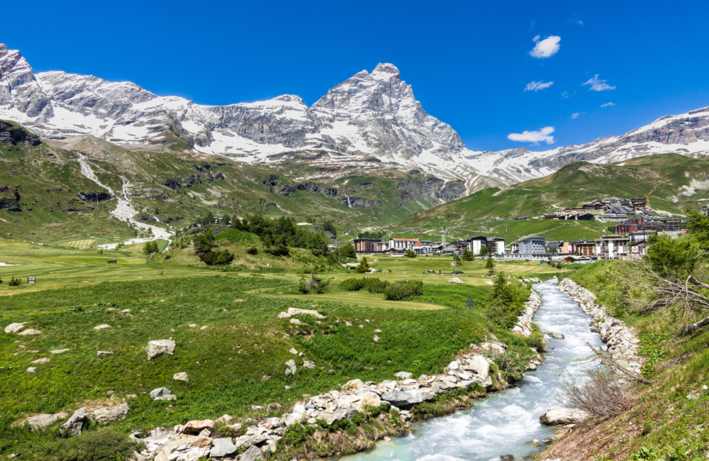 View of Breuil-Cervinia at the foot of the Matterhorn (Cervino), Aosta Valley, Italy.