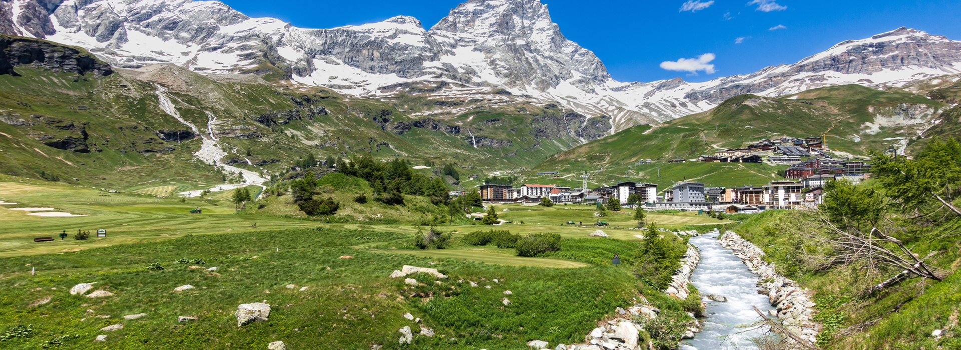 View of Breuil-Cervinia at the foot of the Matterhorn (Cervino), Aosta Valley, Italy.