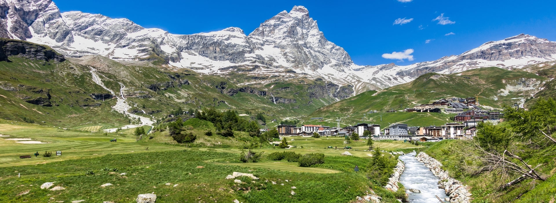 View of Breuil-Cervinia at the foot of the Matterhorn (Cervino), Aosta Valley, Italy.