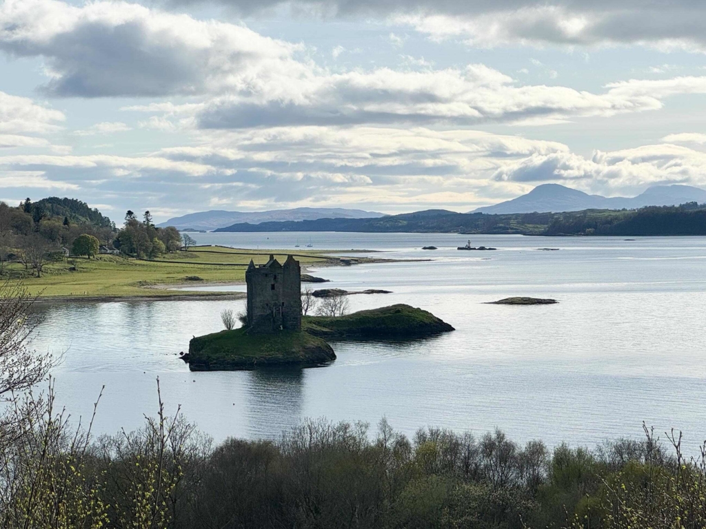 The ruins of Castle Stalker, Loch Laich, Highlands, Scotland.