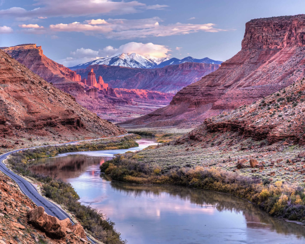 The Colorado River with the La Sal Mountains in the distance, Utah.