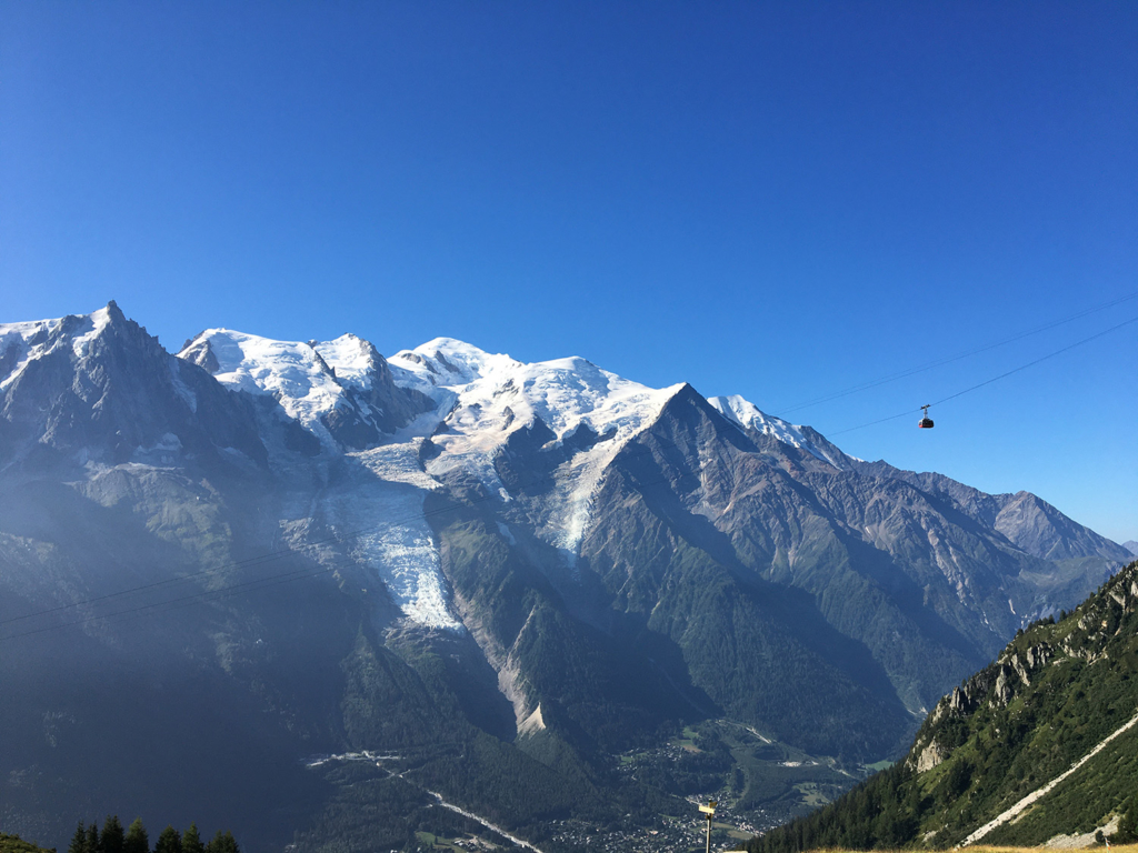 Mont Blanc and the Brevent cable car, France.