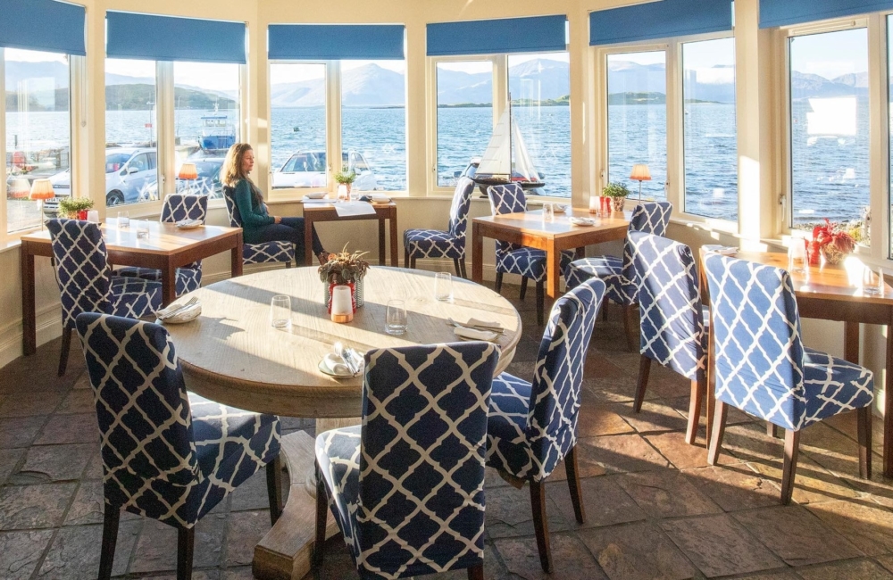 The dining room at Pierhouse Hotel, Port Appin, Scotland.