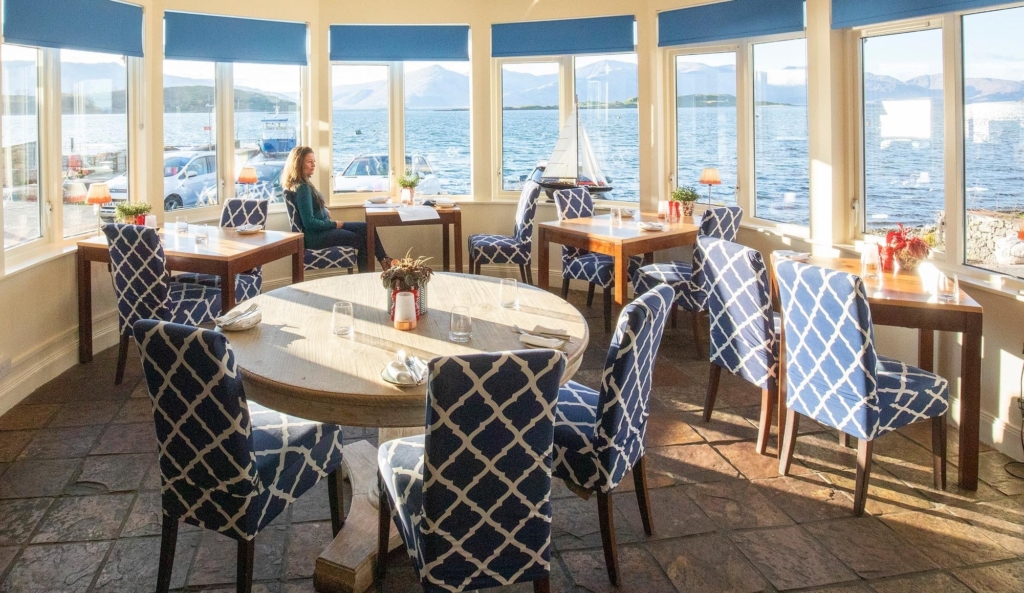 The dining room at Pierhouse Hotel, Port Appin, Scotland.