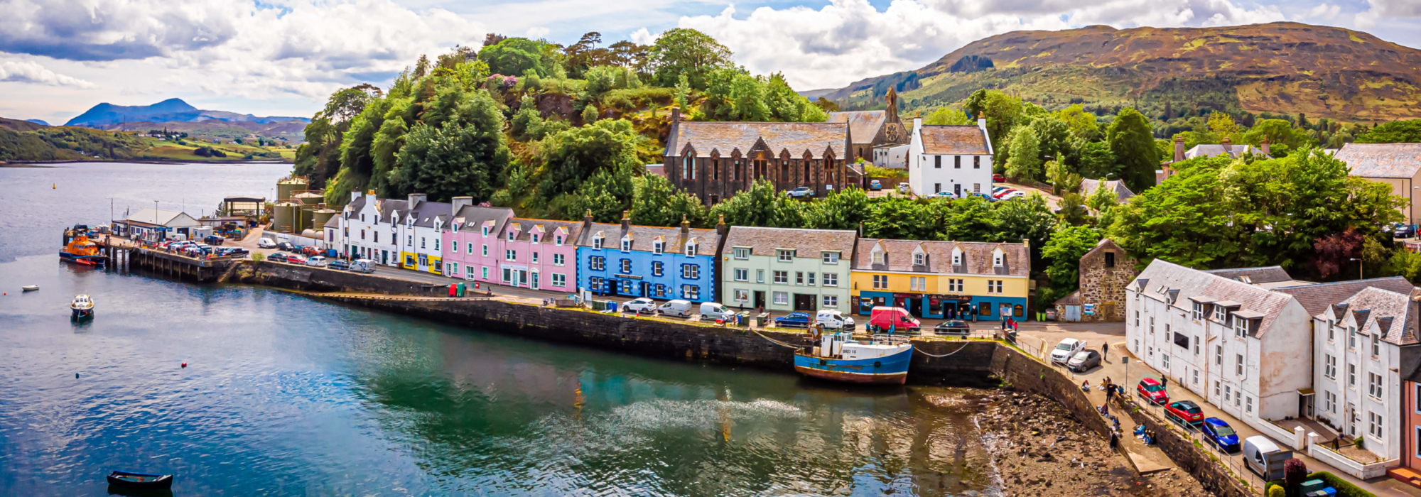 Colourful buildings overlooking the harbor of Portree if the Isle of Skye.