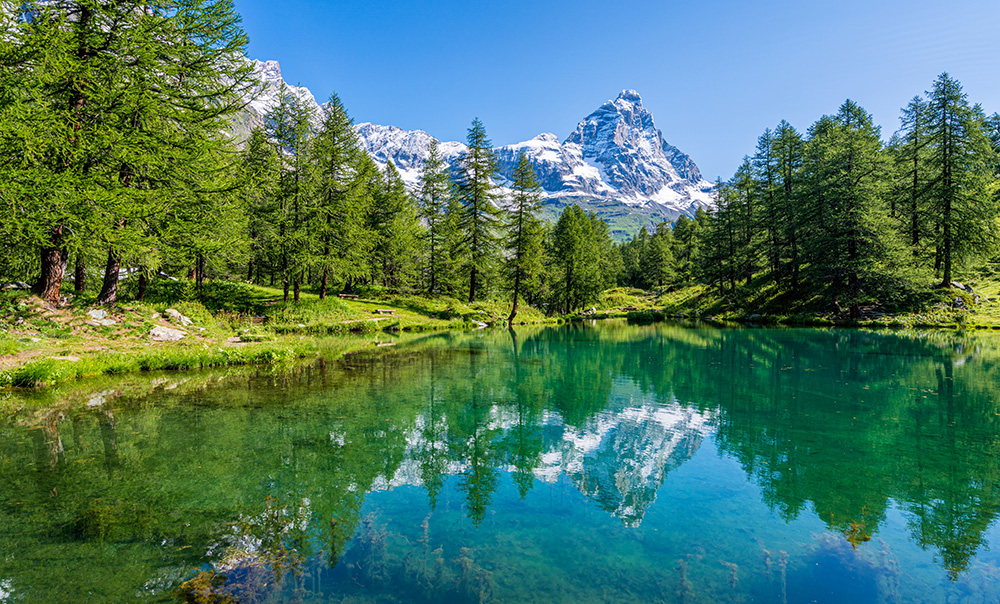 The Blue Lake and the reflected Matterhorn, Aosta Valley, Italy.