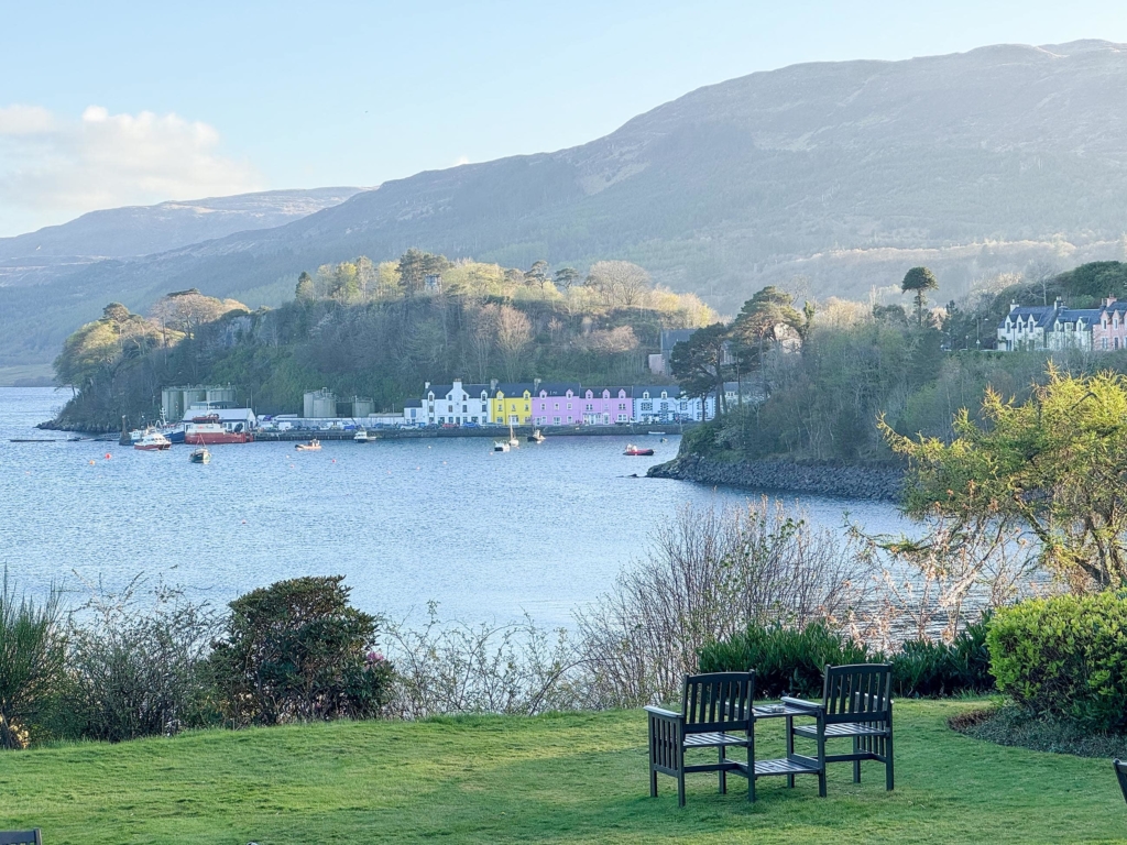 Cuillin Hills Hotel garden view of Portree harbour, Isle of Skye.