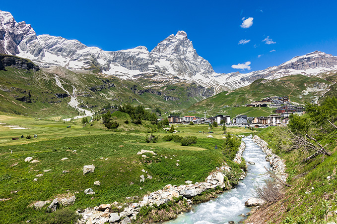 View of Breuil-Cervinia at the foot of the Matterhorn (Cervino), Aosta Valley, Italy.
