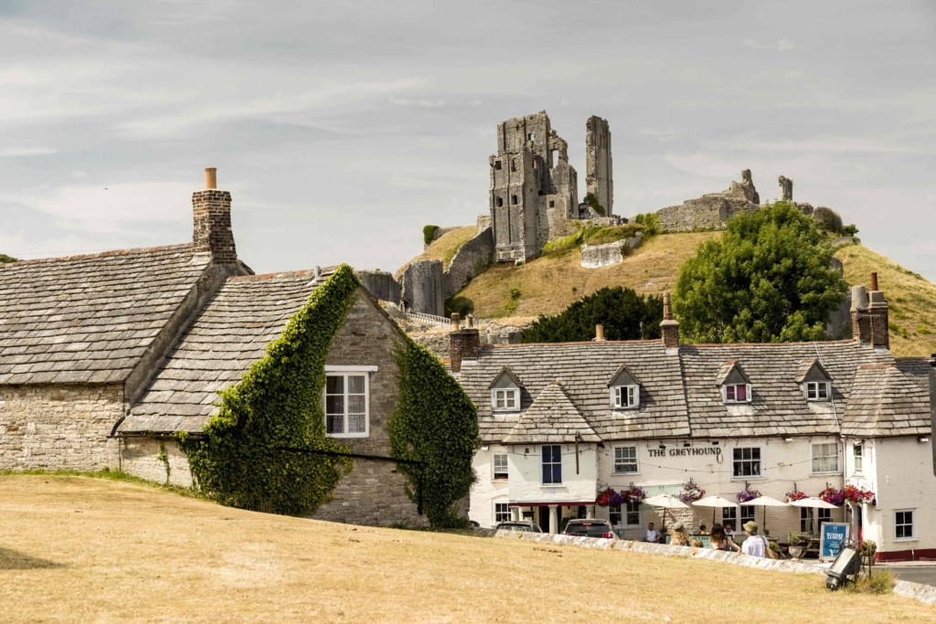 Corfe Castle with Greyhound pub in view