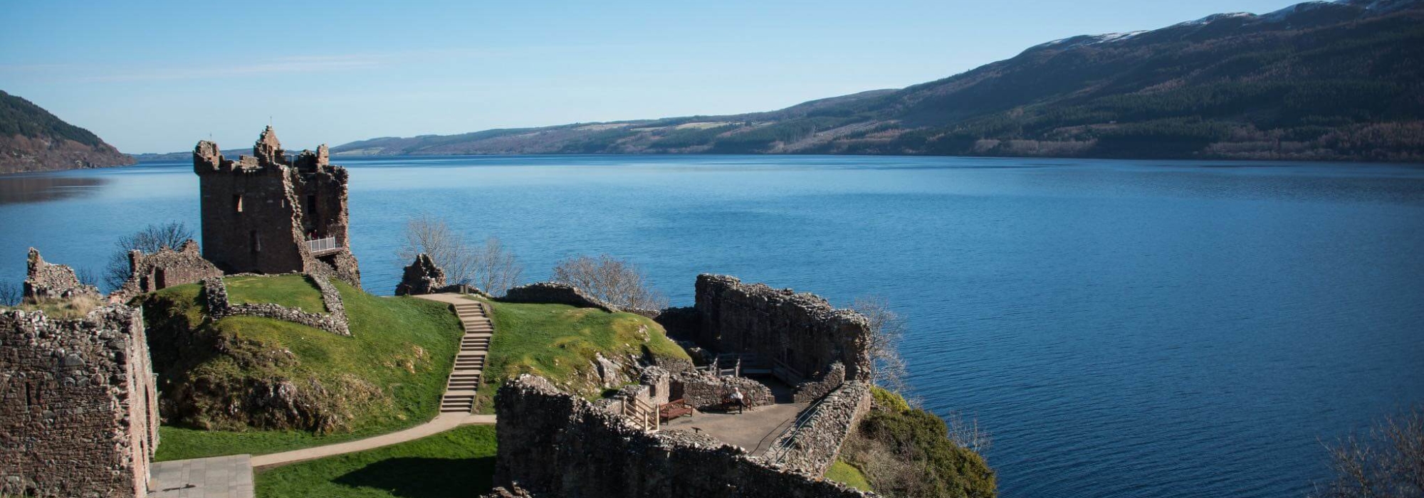 The ruins of Urquhart Castle watching over Loch Ness, Scotland.