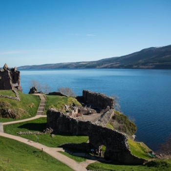 The ruins of Urquhart Castle watching over Loch Ness, Scotland.