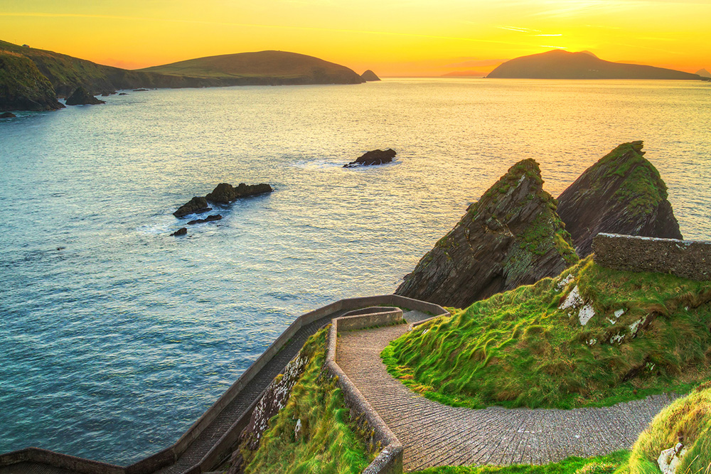 View over Dunquin Pier towards Blasket Islands, Dingle Peninsula, County Kerry, Ireland.