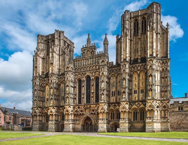 The ornate facade of the beautiful Wells Cathedral, Somerset, England.