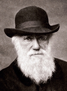 A black-and-white photo of Charles Darwin wearing a bowler hat in 1880. 