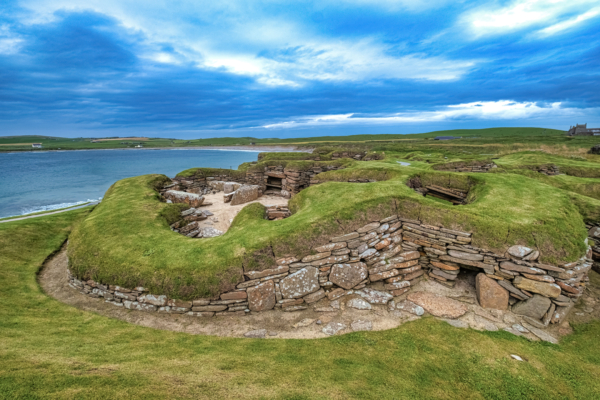 Skara Brae, a stone-built Neolithic settlement on the Bay of Skaill on the Mainland, the largest on the Orkney islands, an archipelago of Scotland.